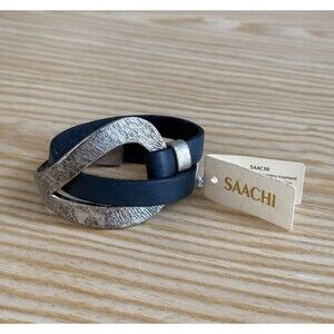 Saachi Wrap Bracelet Silver Costume Jewelry Double Strand Blue Leather Cuff